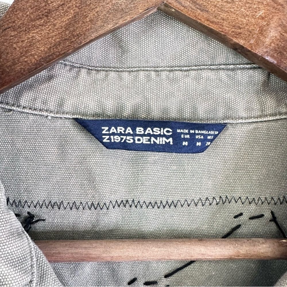 Zara Basics Customized Band Patches Button Up Grey Green Size M - Picture 4 of 6